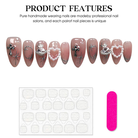 10 Stück Blush Pink Fake Nail Patches Handgemachte Perle Liebe Herz Press On Nails Planet Cross Designs Abnehmbare Mandel 