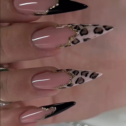24 uñas postizas largas Y2k con forma de estilete, color negro, con forma de corazón, esmeriladas, estilo francés, para chicas con un toque picante. 