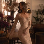Vestido de noche de sirena con encaje árabe y cuentas, de lujo, con mangas LA72545 