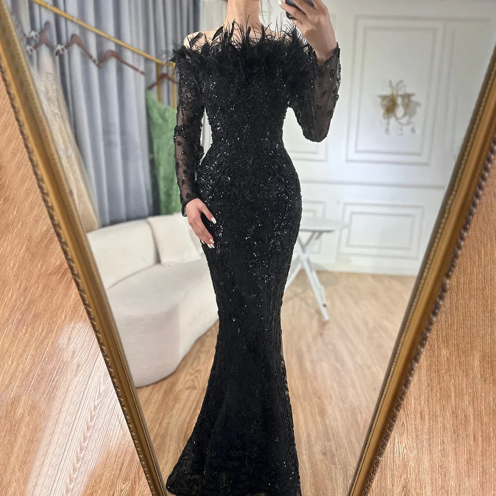Luxuriöses, grünes Abendkleid mit langen Ärmeln, Federn und Perlenbesatz aus Dubai LA72553