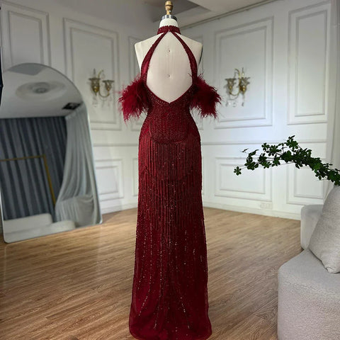 Luxury Silver Nude Mermaid Evening Dress with Beaded Tassel LA72083