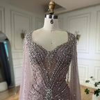 Dubai Luxus-Abendkleid mit hautfarbenen Cape-Ärmeln und Perlenbesatz LA72575A