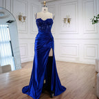 Vestido de fiesta de satén verde salvia de lujo con abertura LA73032