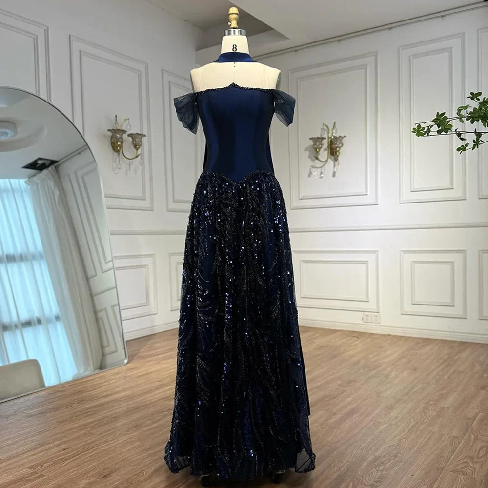 Luxury Arabic Navy A-Line Evening Dress with Beaded