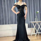Elegantes schwarzes schulterfreies Spitzen-Abendkleid LA72999