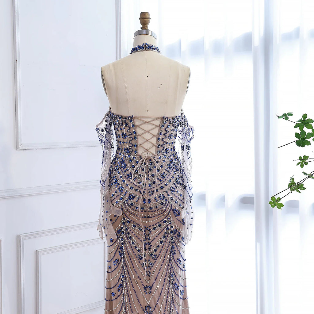 Vestido de noche azul kosovar de lujo con guantes LA72760C