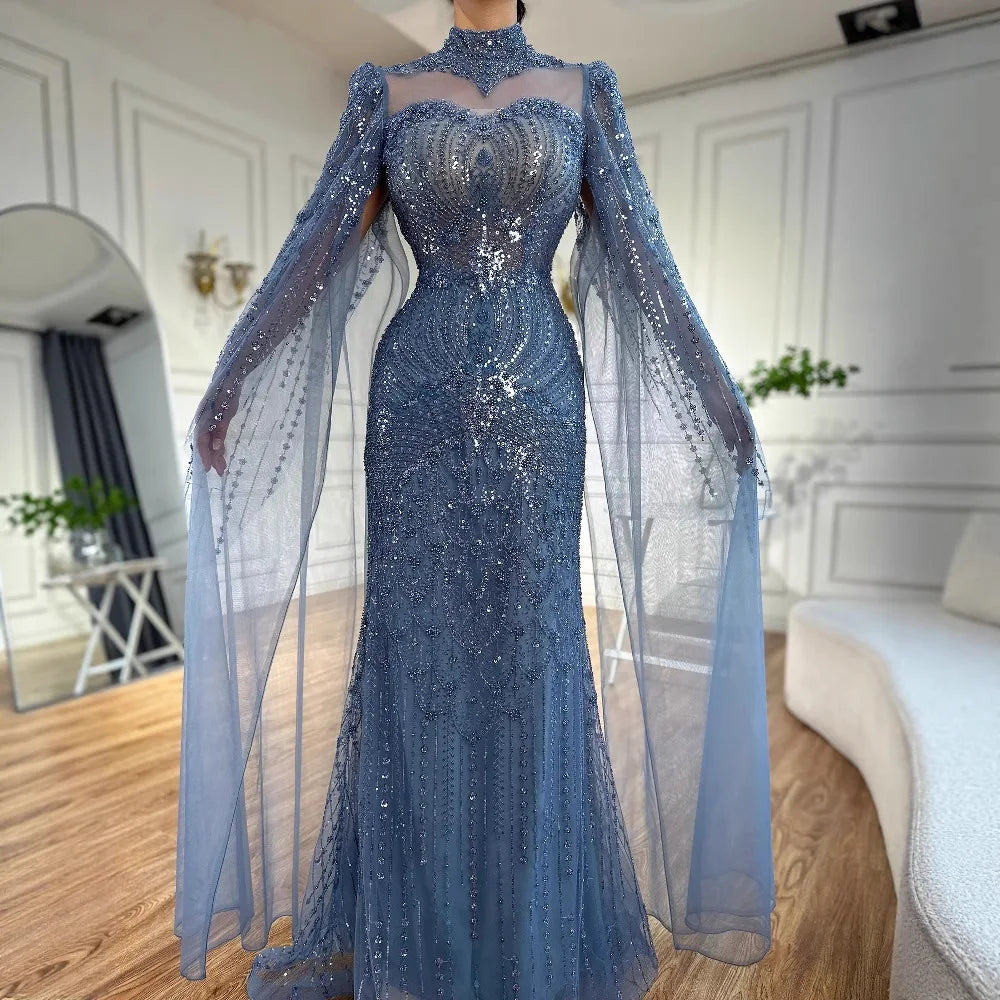 Vestido de noche de sirena azul de lujo con capa LA73006