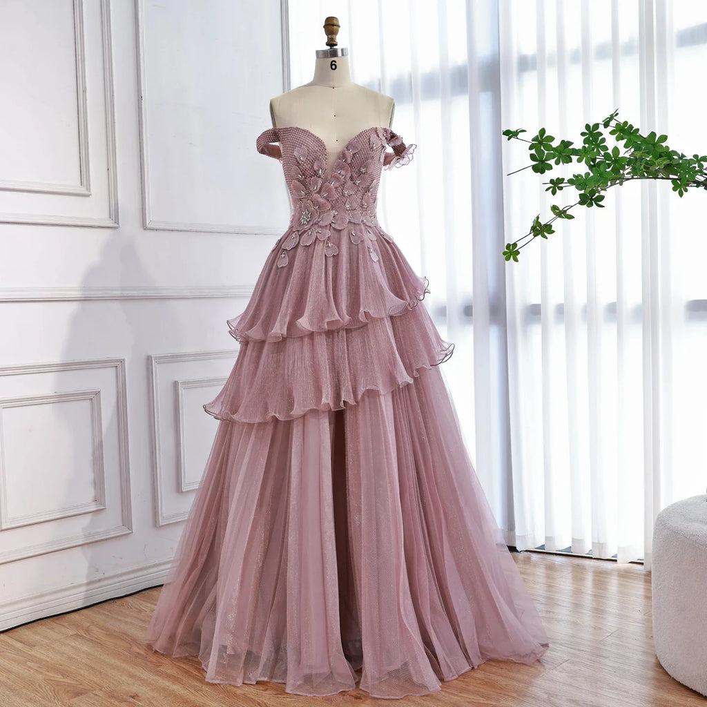 Vestido de noche de lujo rosa con volantes y cuentas, corte A, LA73385 