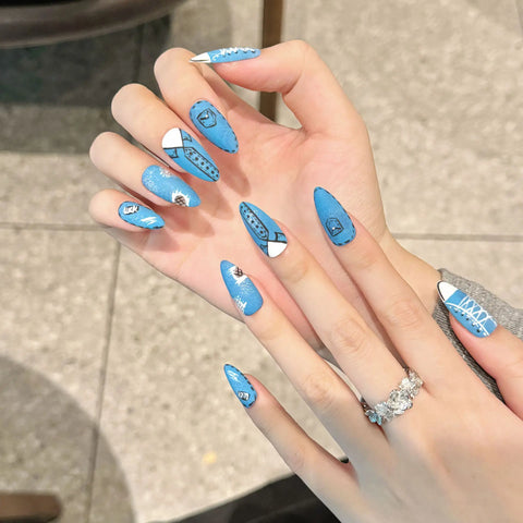10 uñas postizas de almendra azul hechas a mano, diseño de zapatos de lona pintados a mano, uñas postizas creativas de estilo francés. 