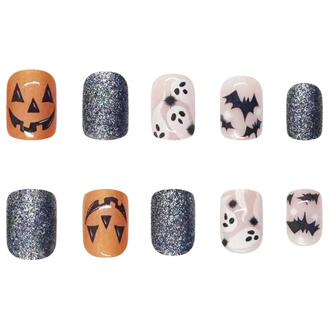 24 uñas postizas con lentejuelas brillantes para fiesta de Halloween, cortas, cuadradas, con estampado de fantasma, calabaza y murciélago, cobertura total. 