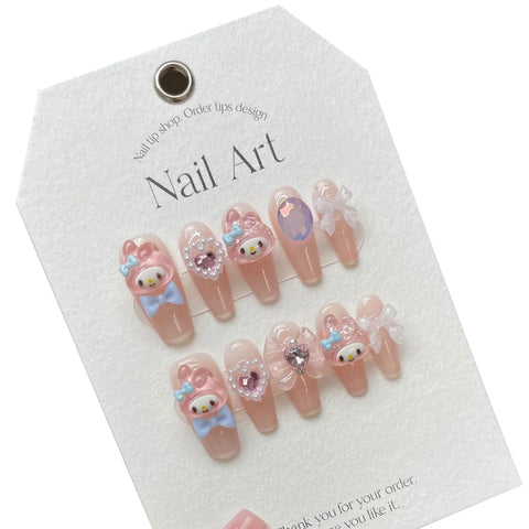 10 Stück handgemachte Press-On-Nägel, hellrosa, süßes Cartoon-Dekor, falsche Nagelflecken, 3D-Bögen, Perlendesign, koreanische gefälschte Nagelspitzen 