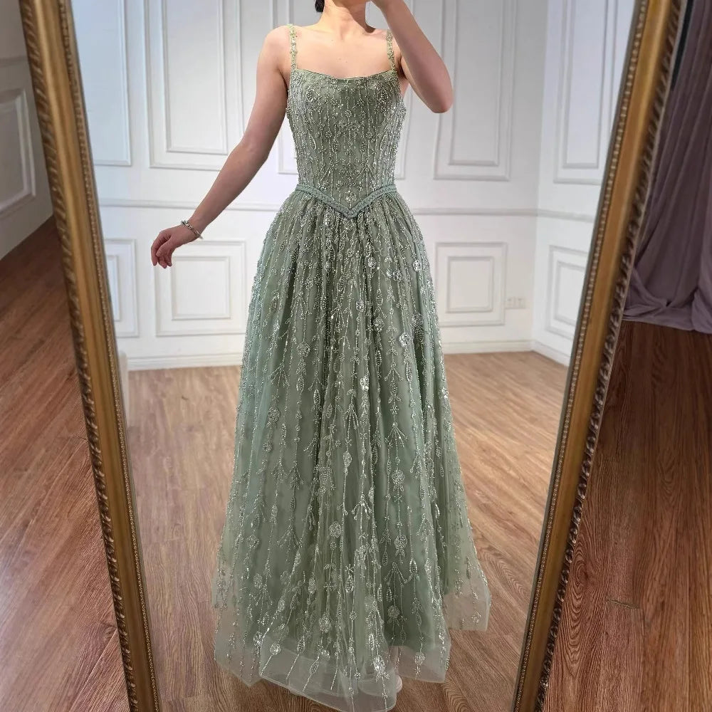 Vestido de noche de lujo verde salvia con cuentas, corte A y tirantes finos LA72805 