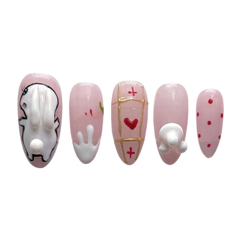 10 uñas postizas de conejo blanco hechas a mano, color almendra rosa, con rayas doradas y decoración de corazón, ideales para usar. 