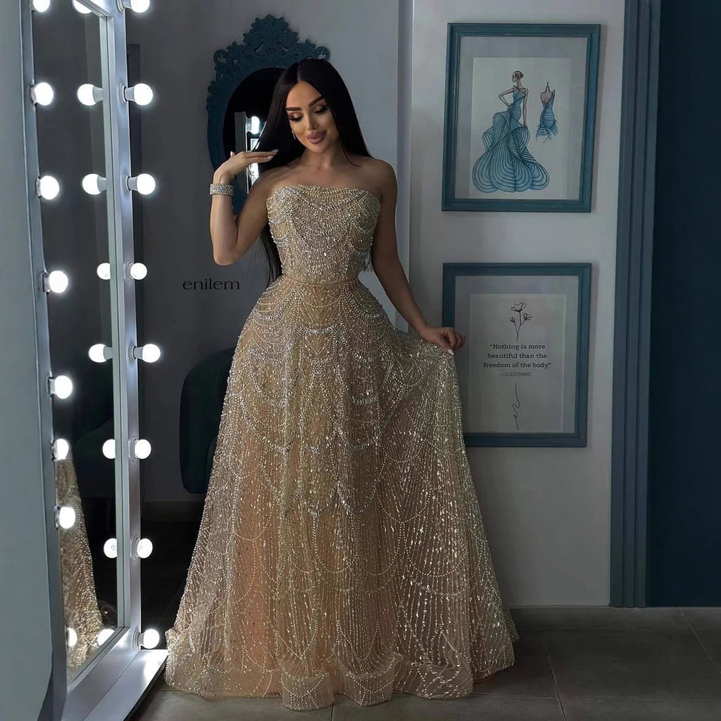 Vestido de noche de lujo color nude, corte A, con perlas y cristales LA72983A 