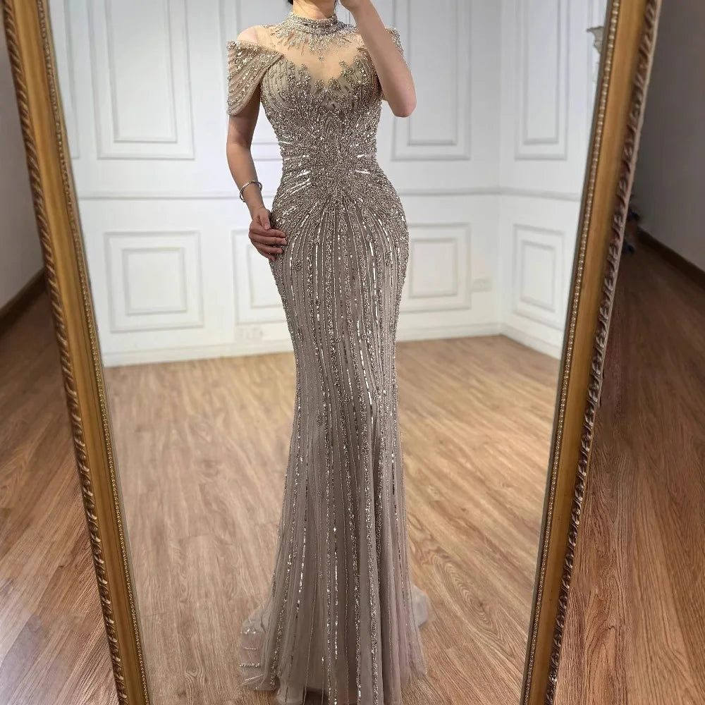 Vestido de noche de lujo color caramelo con cuentas y corte sirena LA73082 
