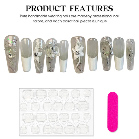 10 uñas postizas blancas con prensa francesa, transparentes, con diseños de diamantes brillantes y flores pintadas a mano. 