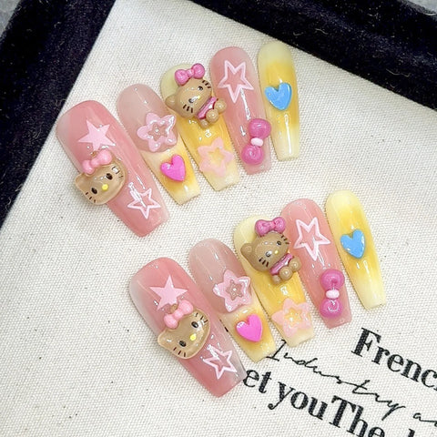 10 Stück rosa französische künstliche Nagelflicken, handgefertigt, lange Mandelform, zum Aufdrücken der Nägel, Leopardenmuster, Metallketten-Designs, falsche Nagelspitzen, Kunst 