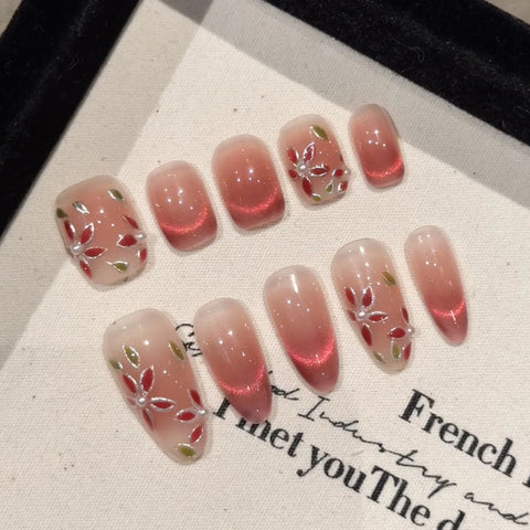 10 uñas postizas de ojo de gato rosa brillante, pintadas a mano, con diseño de flor de pera, cobertura completa, estilo coreano, fáciles de usar. 
