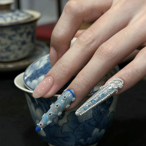 10pcs Retro Style Press On Nails Handmade Chinese Court False Nails Glossy Almond And Luxury Long Stiletto Fake Nail For Women