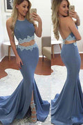 Lavender Satin Two Piece Sweep Train Long Prom Dress With Front Split