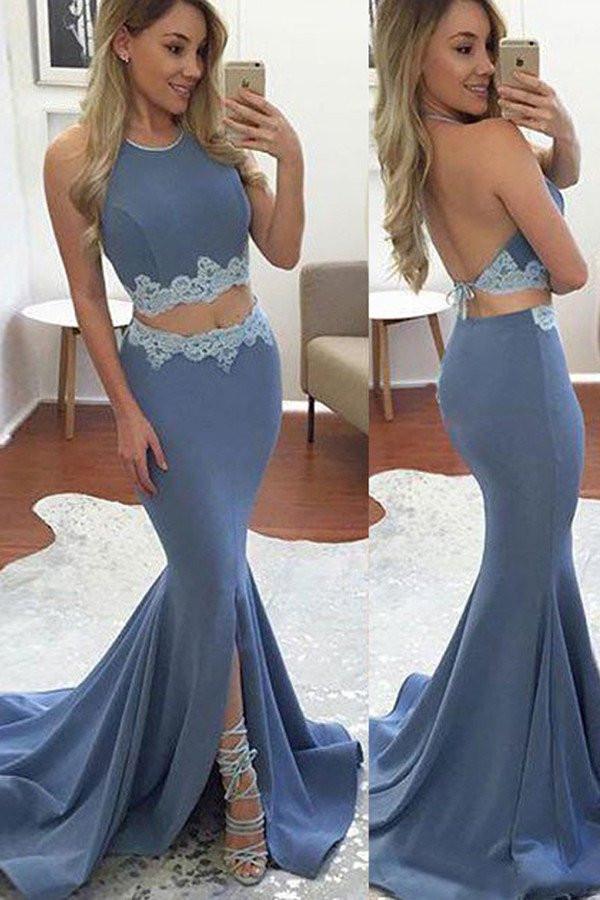 Lavender Satin Two Piece Sweep Train Long Prom Dress With Front Split