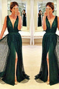 Glitzerndes ärmelloses V-Ausschnitt-Abendkleid mit Beinschlitz