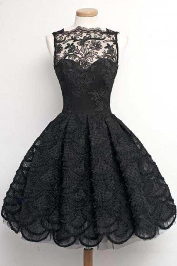 Vestido de fiesta vintage de encaje con borde festoneado y corte A, vestido de fiesta corto 