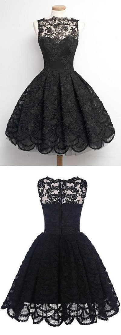 Vestido de fiesta vintage de encaje con borde festoneado y corte A, vestido de fiesta corto 