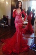 Beaded V-neck Mermaid Long Sleeves Prom Dress with Appliques