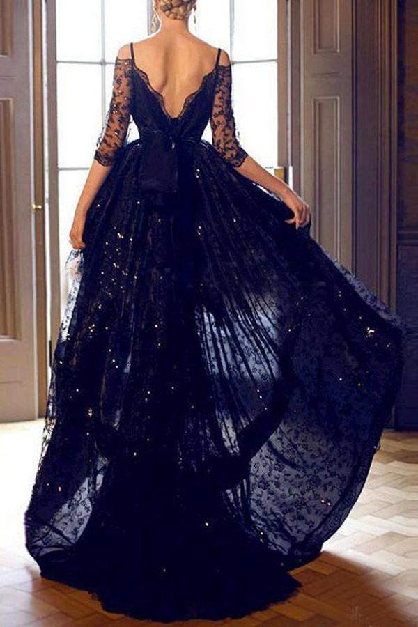 Vestido de noche de fiesta con tirantes, manga corta de encaje y dobladillo alto-bajo
