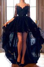 Vestido de noche de fiesta con tirantes, manga corta de encaje y dobladillo alto-bajo