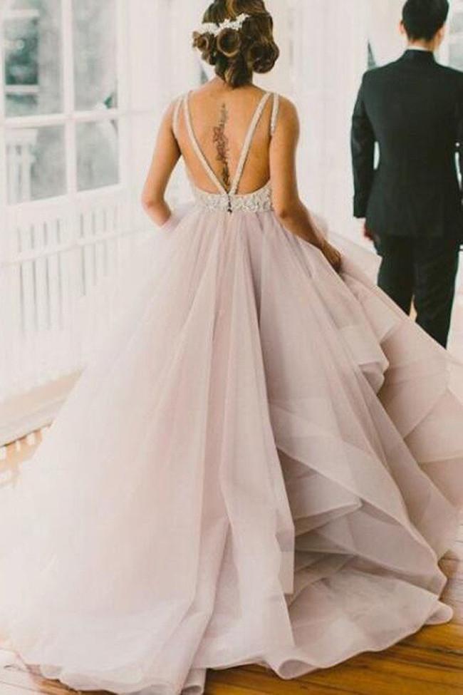 Tulle High Neck Scoop Neck Sleeveless Prom Dress with Sweep Train