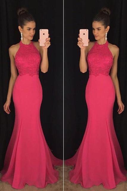 Chiffon Mermaid Halter Long Party Dress, Prom Dresses