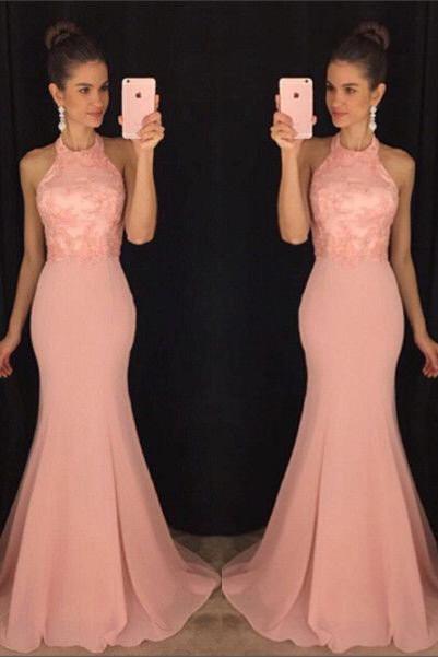 Chiffon Mermaid Halter Long Party Dress, Prom Dresses