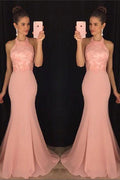 Chiffon Mermaid Halter Long Party Dress, Prom Dresses