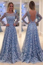 A-line Long Sleeves Lace Long Prom Dresses,Formal Dresses Cocktail Evening Dresses