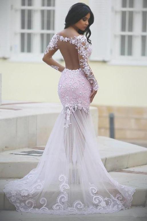 Lace See Through Mermaid Long Sleeve Prom Dress, Cheap Evening Dresses