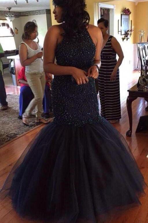 Long Party Prom Dress, Beaded Halter Mermaid Long Prom Dresses