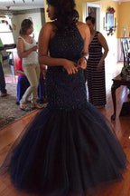 Long Party Prom Dress, Beaded Halter Mermaid Long Prom Dresses
