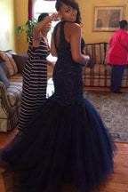 Long Party Prom Dress, Beaded Halter Mermaid Long Prom Dresses