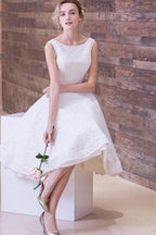 Vestido de fiesta blanco sencillo de encaje, corto, sin mangas, con escote redondo, para boda 