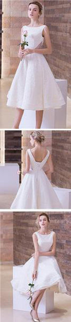 Vestido de fiesta blanco sencillo de encaje, corto, sin mangas, con escote redondo, para boda 