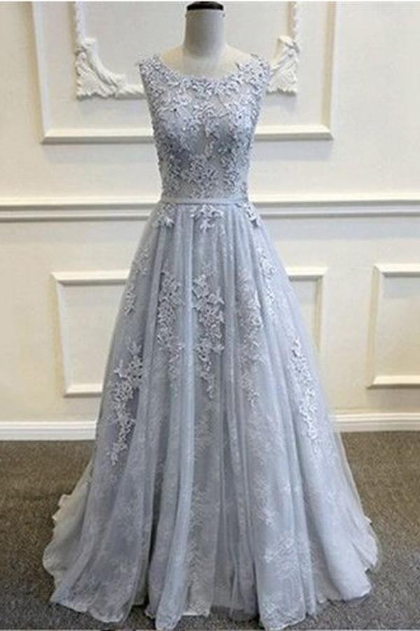 V-Back Lace Tulle Long Prom Dresses With Appliques, Evening Dresses