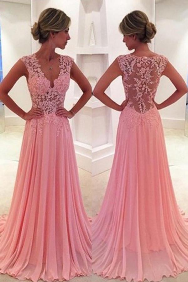 A-Linien-Abendkleid mit V-Ausschnitt und Spitze, langes Ballkleid mit Schleppe 