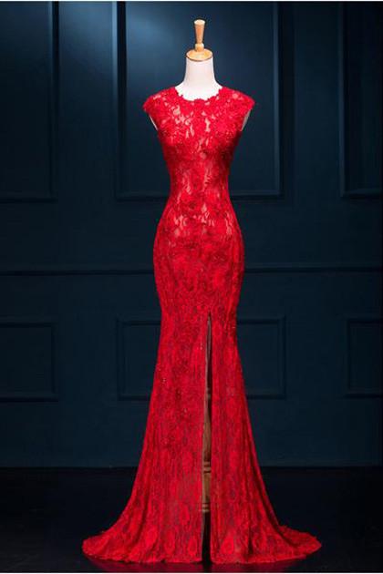 Vestidos de Fiesta Largos de Sirena con Encaje Transparente y Abertura