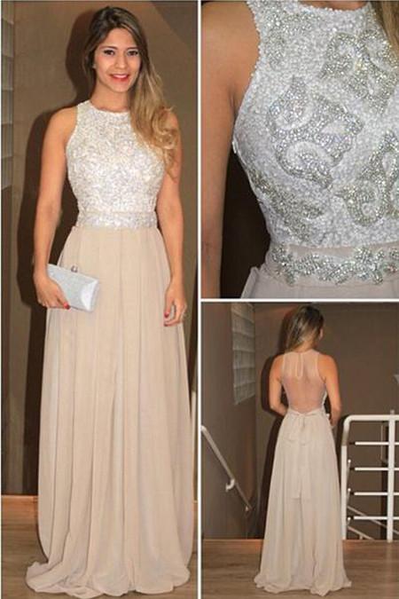 Vestidos de fiesta de chifón con lentejuelas, cuello alto, espalda abierta y pedrería, estilo A