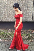 Mermaid Split Satin Off Shoulder Long Prom Dress, Evening Dresses