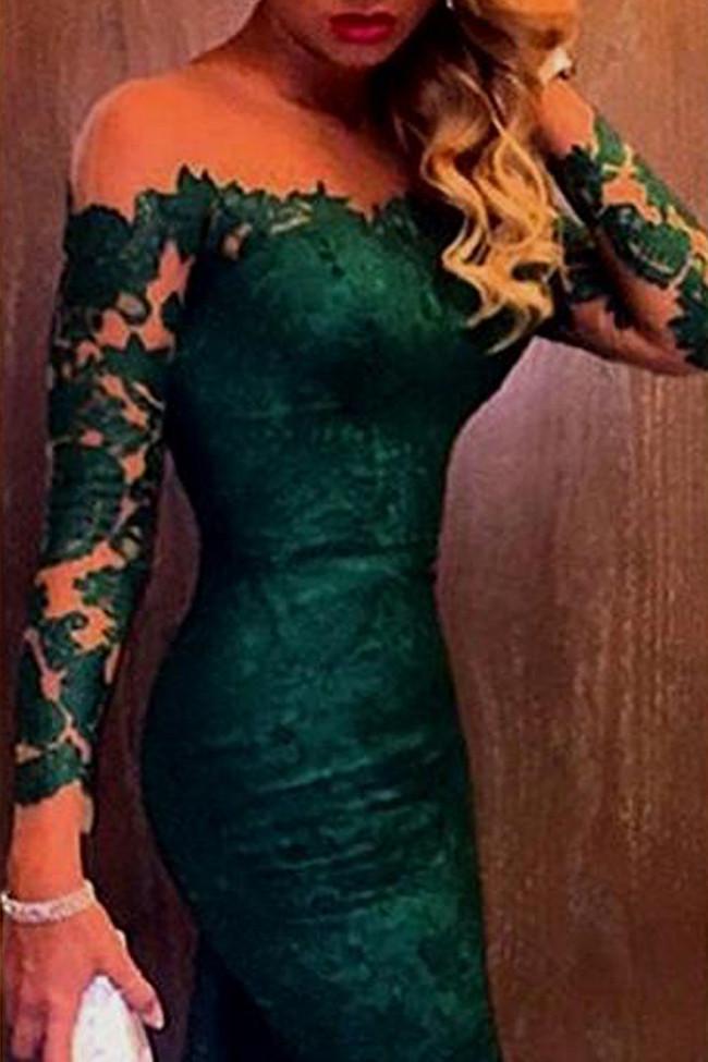Fabulous Lace Mermaid Dark Green Long Sleeve Off-shoulder Long Prom Dress