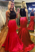 Vestido de Fiesta de Sirena Rojo de Dos Piezas con Escote Redondo sin Mangas y Cola