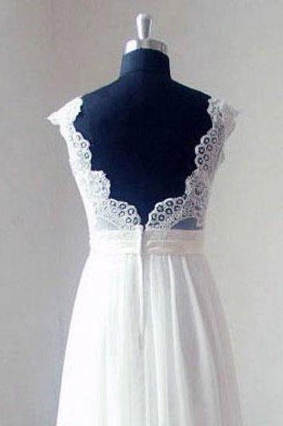 Ivory Chiffon Lace V-neck Bodice Beach Wedding Dresses With Sweep Train, MW175